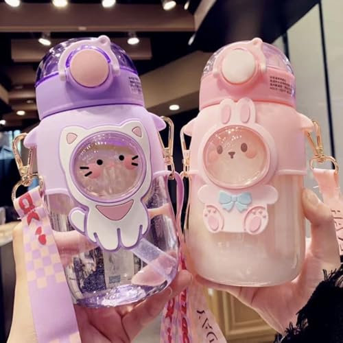 Kawaii 24oz Cute Water Bottles with Silicone Straw, Adjustable Strap & Leakproof Cap - Pink