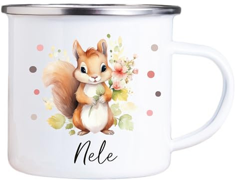 4youDesign Emaille Tasse Kinder personalisiert – Punkte Eichhörnchen – Tier Namenstasse – Geschenk für Jungen & Mädchen – Bruchsicher & Leicht – Geschenkidee zur Einschulung & Geburtstag - 300ml