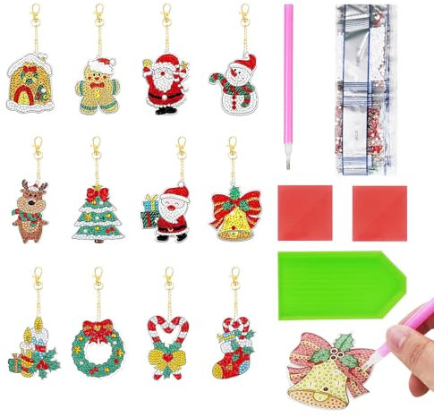 Hugfads Set de 12 Llaveros de Pintura de Diamante 5D DIY de Navidad, 5D Pintura Diamante Llavero Diamond Art Keychain Adorno, Adornos Navideños Creativos, Pequeño y lindo