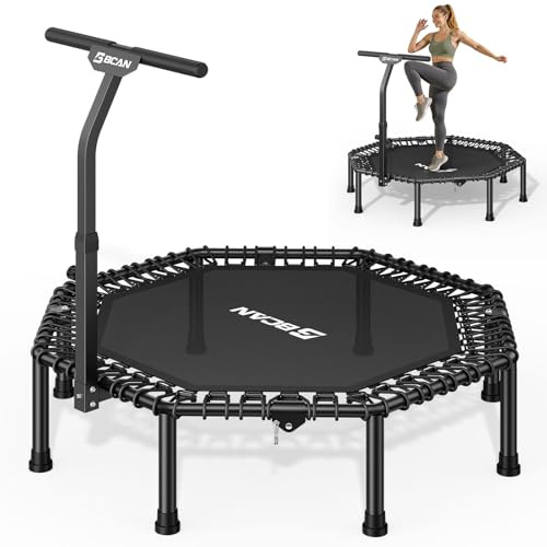 BCAN 51-tums mini åttkantig studsmatta, max 450 pund belastning, fitness studsmatta med justerbar T-handtagsstång, tysta elastiska, större, stabilare, träningsstuds