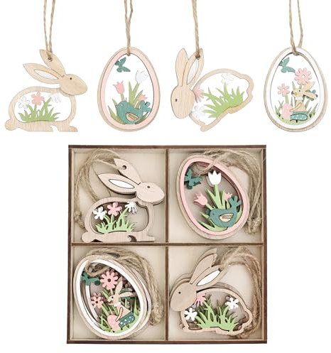 Easter Decorations,12pcs Wooden Hanging Tree Decorations,Egg and Rabbit Shape Pendants,Home Decor Gift with Wood Box,2 Inch