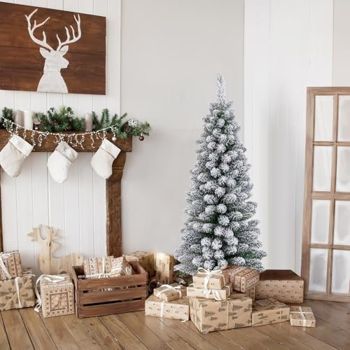 COSTWAY Sapin de Noël Artificiel 120 cm, Sapin de Noël Floqué de Neige avec 240 Branches, Support en Métal Pliable, Forme Fine, Décoration Saisonnière pour Petits Espaces, Maison, Bureau
