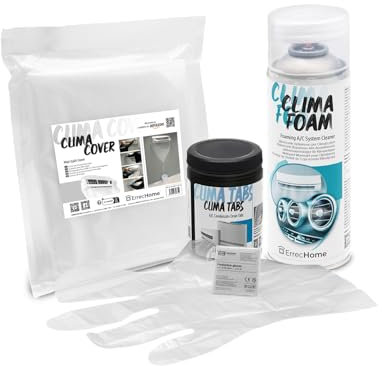 ErrecHome Kit de Nettoyage Climatisation, contient Clima Foam nettoyant mousse climatiseur, housse de protection Clima Cover, Clima Tabs 40 tablettes de nettoyage évacuation condensats, gants