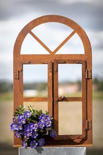 Der-Porzellan-Laden Rustikale Deko-Fenster mit Bogen, aus Metall in Edelrost-Optik 60x30 cm, ideal für Gartendeko, Landhausstil und rustikale Einrichtung