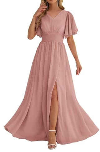 Abito da damigella d'onore in chiffon da donna, abito da sposa con scollo a V, formale, abito da sera da cocktail, taglia grande, Rosa antico, 50