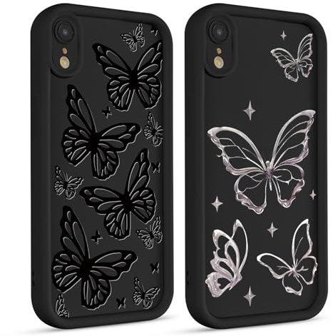 Phoona 2 Stück Handyhülle für iPhone XR Hülle 6.1, Aesthetic Muster Design Weiche TPU Silikon Schutzhülle Kratzfeste Stoßfest Kameraschutz Bumper Case für Mädchen,Schwarzer Schmetterling