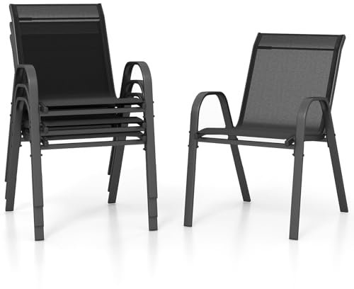 FANTASK Lot de 4 chaises de Jardin empilables en textilène et Structure en métal - Charge maximale : 150 kg - 56 x 70 x 84 cm - Noir
