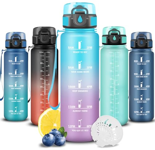 Grsta Borraccia 1 litro, Borraccia Palestra, Bottiglia Senza Perdite, Facile da Pulire, Bottiglia Motivazionale, Facile da Trasportare, Boraccia Orari, Boraccia per Campeggio, Viaggio, Fitness