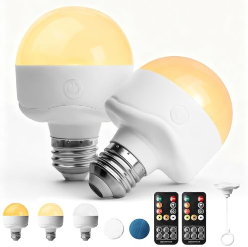 Behogan 2 bombillas recargables con mando a distancia, E26, 3 colores, regulable, recargable, con base magnética, gancho y mando a distancia, función de temporización, 3000-6000 K