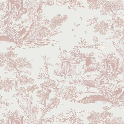 Fiula Pink Toile De Jouy Wallpaper Peel and Stick 41CM x 300CM – Vintage French Country Self Adhesive Wallpaper for Bedroom Living Room Bathroom Cottagecore Wall Décor