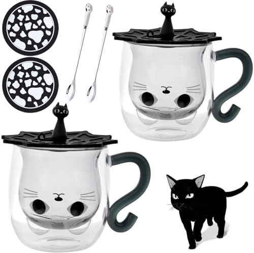 Arawat 2 Set Katzen Tasse Glas Doppelwandige Gläser Schwarz Katze mit Henkel Kaffeetasse mit Löffel Untersetzer Kaffeebecher Katze Gläser Teetasse Espressotassen Geschenk für Frauen