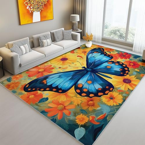 Generisch Kinderzimmerteppich Antirutsch Waschbar bis 30 Grad,Retro Floral Schmetterling Teppich für Kinderzimmer - Dekorativer Teppiche Farbe 80 x 150 cm