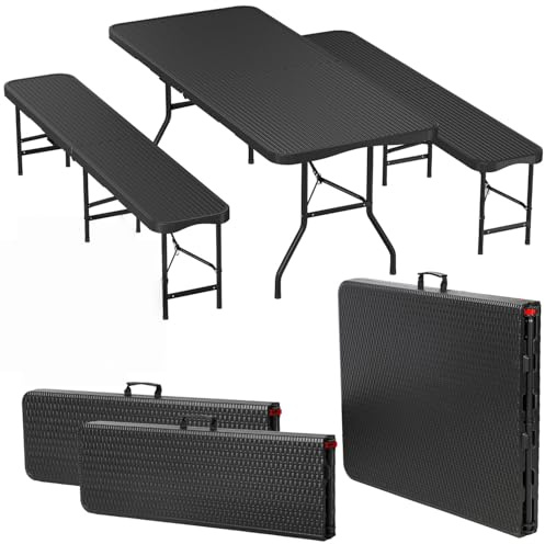 Eikuavons Bierzeltgarnitur klappbar 3-teilig Set Tisch & 2X Bierbänke, Biertischgarnitur für drinnen & draußen, 180×74×74cm Kunststoff Klapptisch Rattan-Look Gartentisch mit Tragegriffe