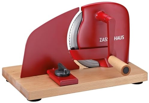 Zassenhaus Bread Slicer Pure Red, Manual Crank Machine with Stainless Steel Blade, Special Serrated Edge, Made in Solingen, Continuous Cutting Thickness Adjustment up to 20 mm