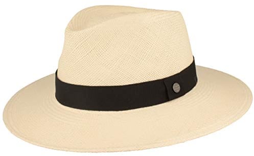 Breiter ORIGINAL Panamahut Strohhut aus Ecuador Lederband Handgeflochten UV-Schutz Bruchschutz Weiß Ripsband S 55-56