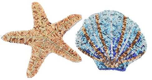 Kesheng 2x Bügelbild Aufnäher Seestern Muschel mit Pailletten Farbig Patch Dekor MEHRWEG