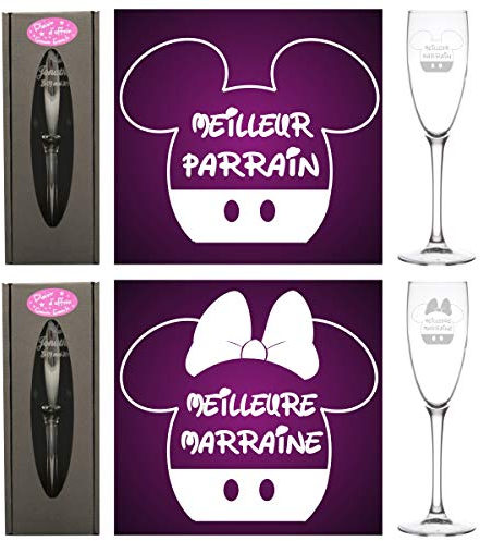 Lot 2 Flûtes gravées – 1 Verre Meilleur Parrain + 1 verre Meilleure Marraine - Baptême et Communion Garçons et Filles – Décoration de table thème Mickey Mouse et Minnie Disneyland Disney boite dragées