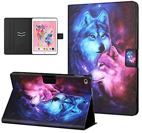 CasaFuny Hülle Kompatibel mit iPad 9.7 Zoll 2017/2018(5./6.Generation),/iPad Air 2/ iPad Air 1 Ultra Dünn PU Leder Ständer Schutzhülle Case Cover mit Auto Schlaf/Aufwach Funktion,Wolf