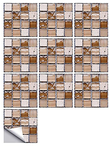 Fliesensticker Farbmosaik Kaffee Selbstklebende Abnehmbare Quadratische Aufkleber Mosaikfliesen Wandaufkleber für Küche und Bad Fliesen Deko 20cmX20cmX10pcs