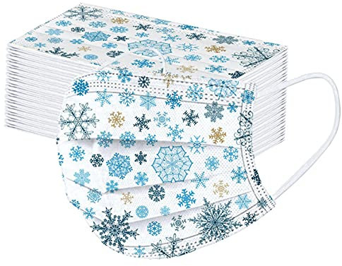 Lulupi 50 Stück Weihnachten Mundschutz Erwachsene Einweg Mund und Nasenschutz Schneeflocke Rentier Motiv Halstuch Maske Bedruckt Einmal Weihnachtsmaske 3-lagig Atmungsaktiv MNS Tücher Bandana Schals