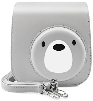 Rieibi PU Leather Mini 11 Case, Protective Case for Fujifilm Instax Mini 12/Mini 11/Mini 9/Mini 8/Mini 8+ Instant Camera with Adjustable Shoulder Strap(Grey Bear)