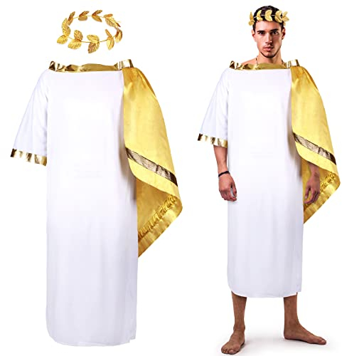 SATINIOR Griechischer Gott Kostüm Weiß Römischer Toga Erwachsene Toga Kostüm Tunika mit Blatt Krone Kopfschmuck Gold Lorbeerkranz Stirnband (groß), Mehrfarbig