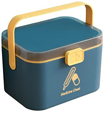 UNYLE Small Home Folding 2 Tier First Aid Box, Portable Medicine Container for Home, School, Office - 21.4 x 15.8 x 14.7CM (Blue)