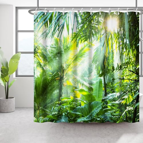 Bovlleetd 183x188cm Tropischer Botanischer Duschvorhang 3D Sommerszene Bananenbaum Badezimmervorhang Palme Warmer Sonnenschein Duschvorhang Grüne Regenwaldpflanze Wasserdichter Badewannenvorhang