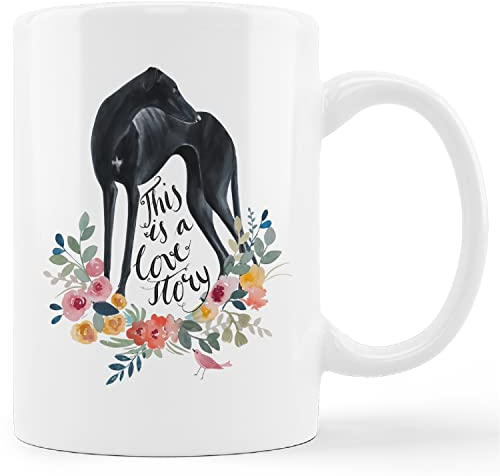 kunlisa Lustige Windhund-Tasse, This is A Love Story Blumen-Keramiktasse,325 ml Kaffee-Milch-Tee-Tasse, Geschenke für Hundeliebhaber, Windhund, Mutter, Hund, Frauen, Männer, Tierliebhaber, Kollegen