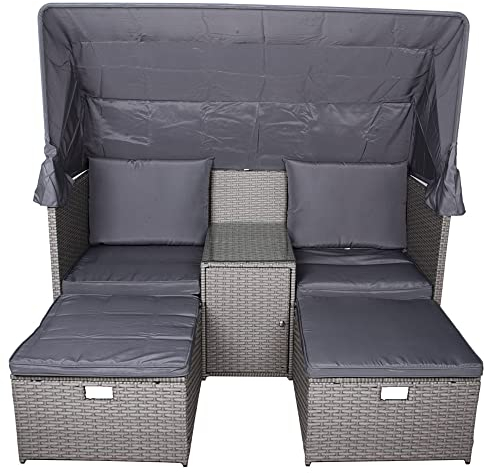 Lomadox Relax-Lounge inklusive Hocker, Beistelltisch & Sonnendach Sofa Liegeinsel Sonneninsel in grau, B/H/T: ca. 170/170/139 cm