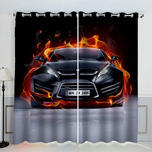 VASENA Kinderzimmer Vorhänge Sportwagen Rennwagen Brennendes Auto Fenstervorhang mit ösen Junge Mädchen Schlafzimmer Wohnzimmer Küche Verdunklungsvorhang 2-Set (150x166 cm)