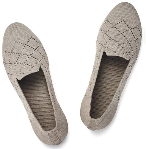 Puxowe Damen Ballerina Flache Schuhe Runde Zehe Strick Kleid Schuhe Niedriger Keil Slip On Ballerina Walking Flats für Frauen Bequem 38 EU Khaki