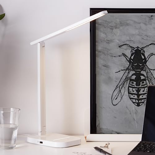 Lightbox LED Tischlampe - funktionale Tischleuchte mit Touchdimmer und Nachtlichtfunktion - Lichtfarbe einstellbar CCT - aus Kunststoff/Metall - in Weiß - 34 x 12 cm