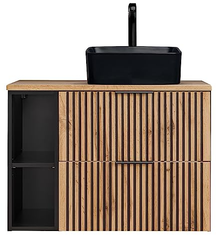 Lomadox Waschtisch Set 80 cm schwarz gerillt Wotan Eiche Nb. anthrazit Unterschrank mit Regal Keramik Aufsatzwaschbecken schwarz matt B/H/T 80,6/72,2/46,5 cm