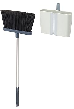 Joseph Joseph CleanStore Wall-mounted Adjustable Long Handle Broom Sweeper with Dust-shield Storage, Indoor Sweeping Floor Brush with Soft Bristles and Comb