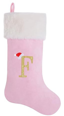 AUAWMLK Weihnachtsstrumpf mit Buchstaben, bestickt, dicker und luxuriöser rosa Samt mit superweichem Plüschbündchen, personalisierte Festival-Dekoration für Weihnachten und Neujahrsparty (Buchstabe F)