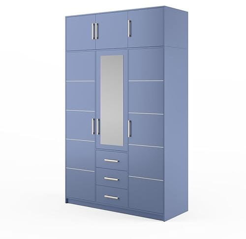 BETTSO -Drehtürenschrank Kleiderschrank mit 3 Türen und 3 Schubladen Spiegel Garderobenschrank Garderobe Dielenschrank Schlafzimmerschrank-Bali II D4 + VERLÄNGERUNG (Blau)