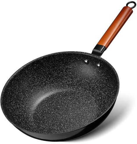 BEZIA Wok antiadherente de inducción, wok antiadherente de 30 cm con parte inferior plana, mango de madera extraíble, compatible con todas las estufas