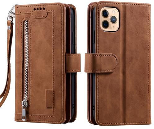 VEEMOS Handyhülle für iPhone 11 Pro hülle Klappbar Handytasche Schutzhülle Klapphülle mit Ständer Kartenfach Handy Tasche Book Flip Case Cover - Braun