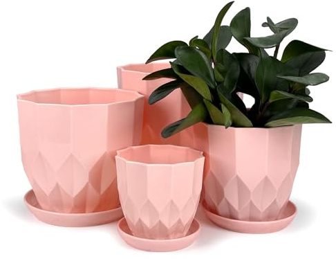 Vodotion Pots de fleurs en plastique avec trous de drainage, trou en maille et soucoupes pour intérieur et jardin, plantes grasses, orchidée et cactus (rose)