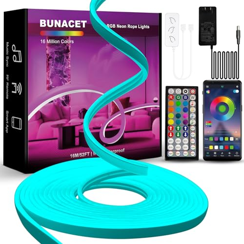 BUNACET Neon LED Strip, RGB LED Streifen 16M 24V Dimmbar, IP67 Wasserdicht Flexible LED Band Lichtband Silikon mit App Steuerung, Musik Sync Netzteil & RF Fernbedienung für Innen Aussen, 2x8M