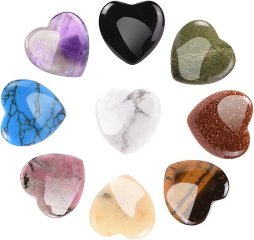 OSDUE 9 Stück Herz Stein, Heilung Kristall Edelsteine für Liebhaber, Natürliche Bunte Kristalle Steine Herz Glückssteine Mineralien Heilsteine für Meditation Chakra Energieausgleich Valentinstag