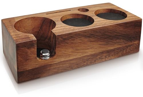 HOLIHOKY Tamperstation 51mm 54mm, Tamperstation Holz für Delonghi Sage Siebträger, Walnuss Barista Tamping Station für Espreso Zubehör mit Silikonkissen, Einstellbare Höhe