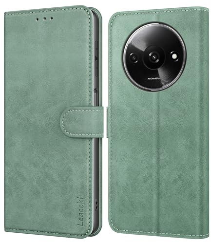 Leacckl for Xiaomi Redmi A3 Case, Leather Wallet Case, Flip Case with Card Holder and Magnetic Buckle, Green