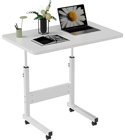 HAMHAIGO Mesa de Ordenador pequeña Escritorio para Ordenador portátil, Altura Ajustable, Escritorio con Ruedas giratorias, 80 x 40 cm, Mesa para Ordenador portátil Blanco