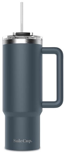 SoleCup. 30oz Travel Mug with Handle, Lid and Two Straws, Drinks Stay Hot for 8 Hours and Cold for 24 Hours - Double Wall Stainless Steel Vacuum Insulated Tumbler (Charcoal, 30oz)