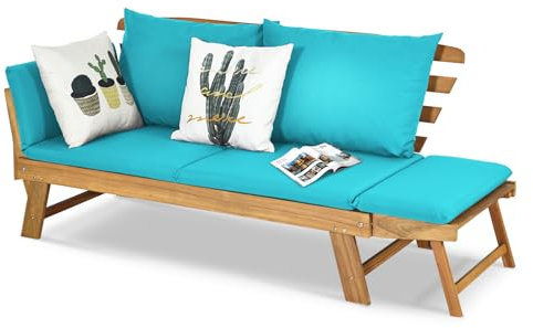 GOPLUS Canapé Lit de Jardin Extensible 2 Places Charge 320 KG, Accoudoirs Réglables, Coussins & Dossier Amovibles, Cadre en Bois d’Acacia Massif, pour Terrasse, Balcon, Parc, Patio, Turquoise