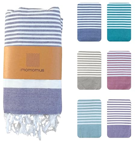 MOMOMUS Fouta XXL oder Picknickdecke XXL für den Strand - Mit Fransen, Gestreift und Leicht - Große Stranddecke, Sandfreie Strandmatte und Faltbare Campingdecke - Violett, 210x240 cm