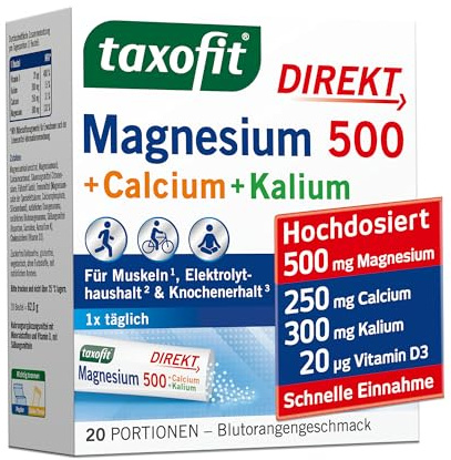 taxofit Magnesium 500 + Calcium + Kalium | für Muskeln | 20 Sticks