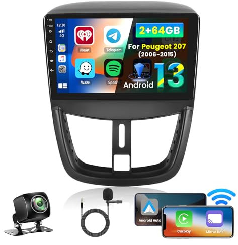 Inefala 2+64GB Android 15 Autoradio per Peugeot 207 2006-2015 Stereo 9 Pollici Schermo Touchscreen con Wireless Carplay Android Auto con Bluetooth, GPS, SWC, Retrocamera AHD